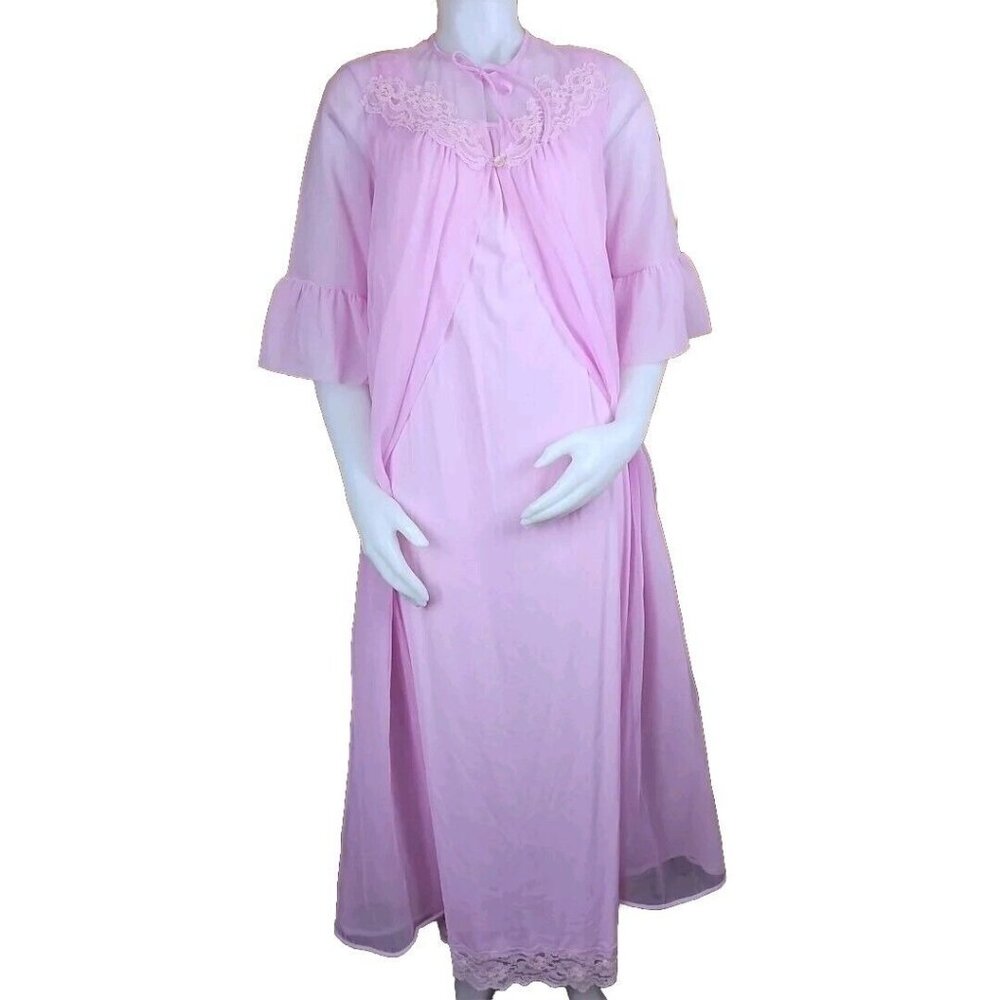 Vintage Sheer Nylon Lace Peignoir Set Blush Pink Nightgown Chiffon Robe Womens M